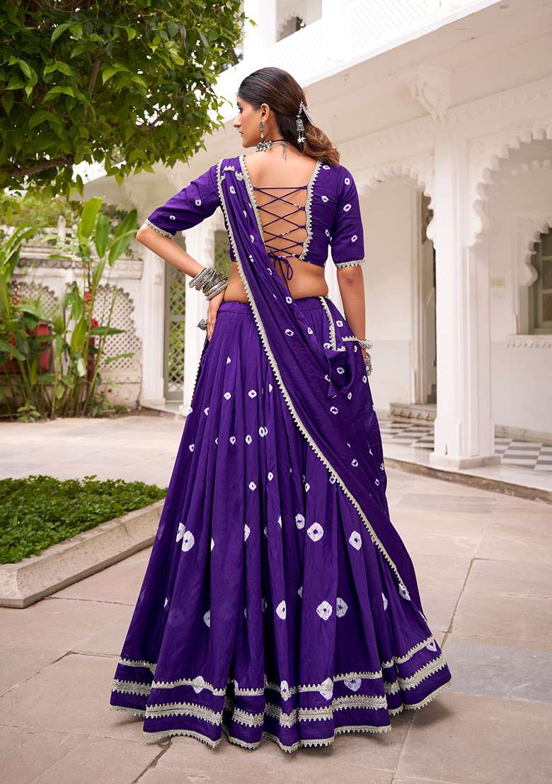 Purple Printed Chanderi Lehenga Set - Indya