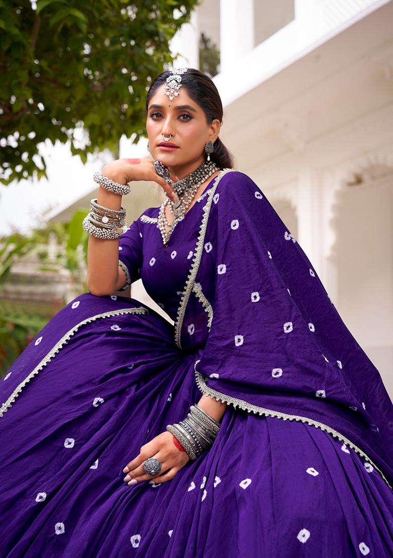 Purple Printed Chanderi Lehenga Set - Indya