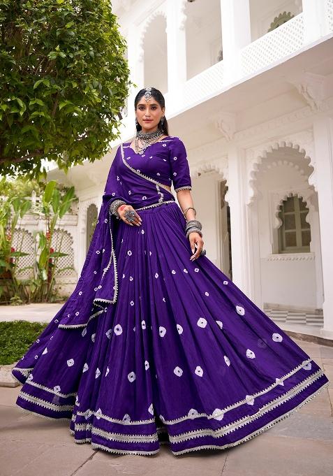 Purple Printed Chanderi Lehenga Set