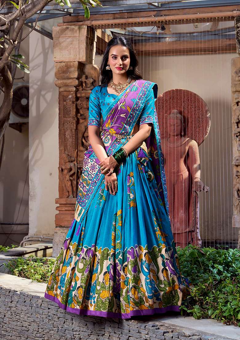 Firozi Foil Work Silk Blend Lehenga Set - Indya