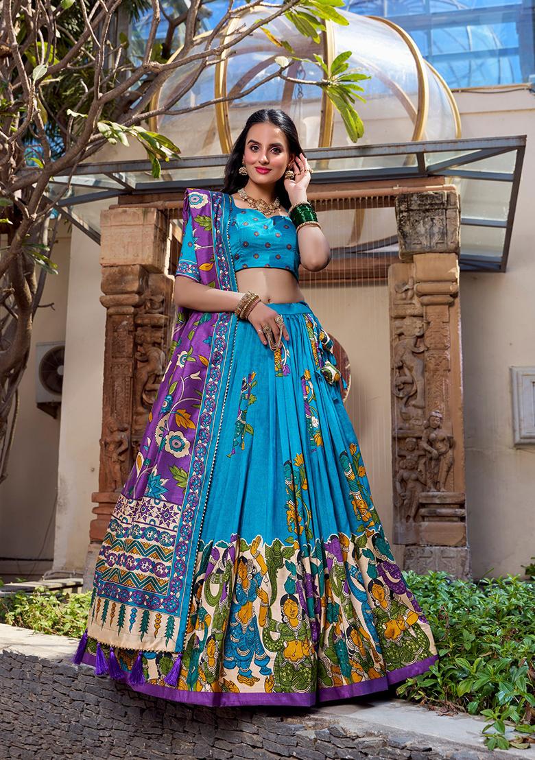 Firozi Foil Work Silk Blend Lehenga Set - Indya