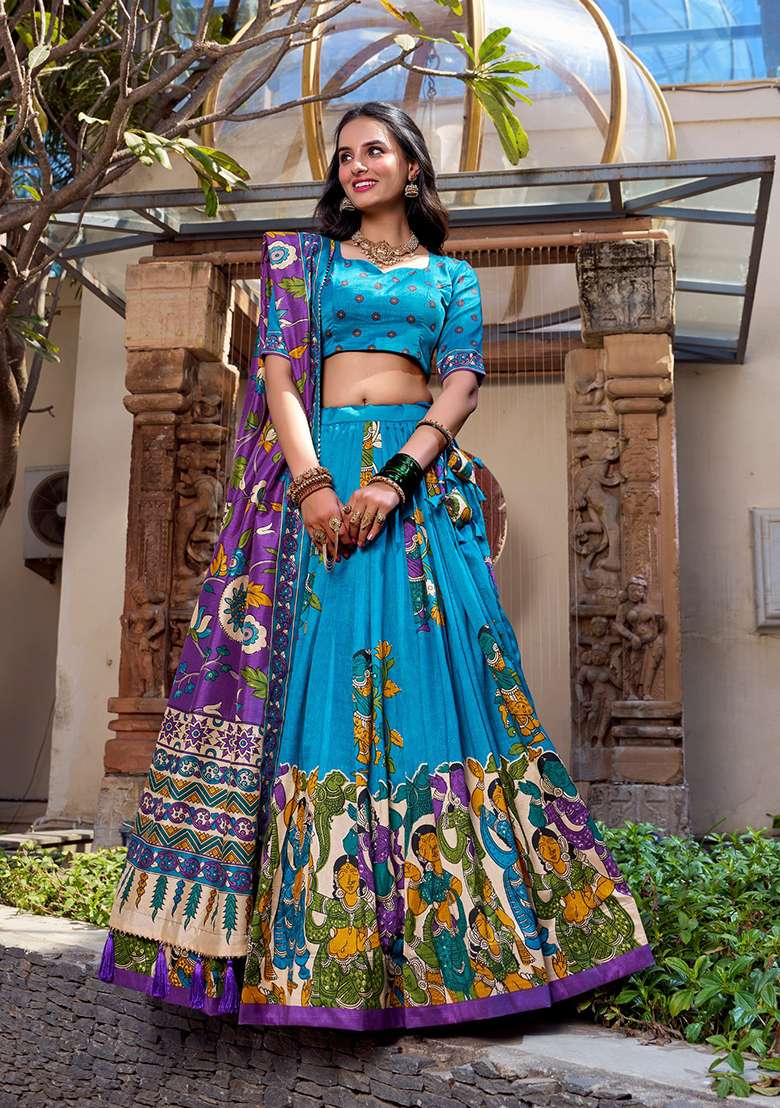 Firozi Foil Work Silk Blend Lehenga Set - Indya