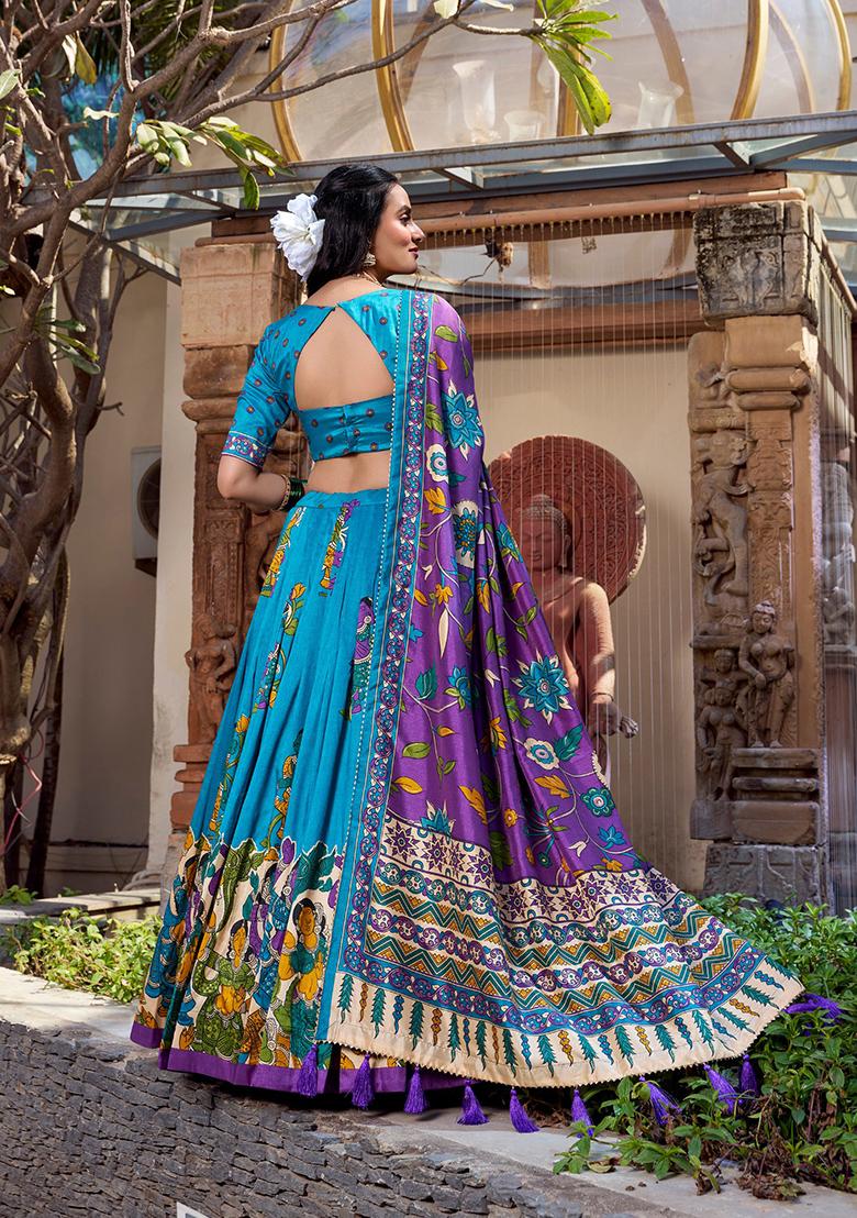 Firozi Foil Work Silk Blend Lehenga Set - Indya