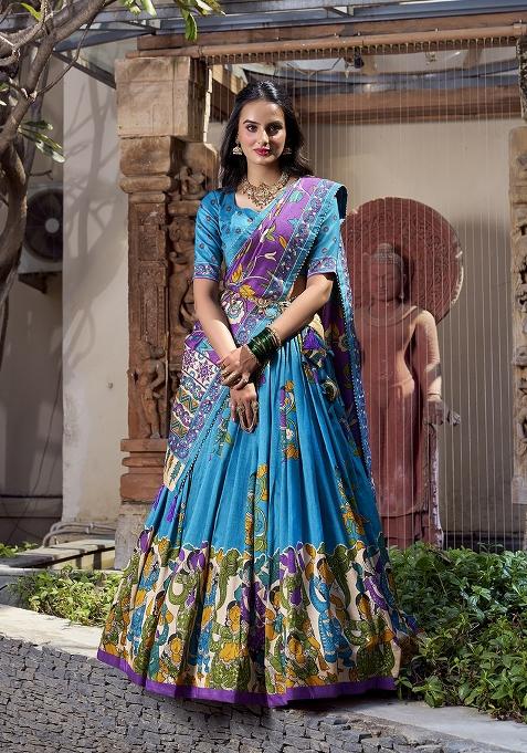 Firozi Foil Work Silk Blend Lehenga Set