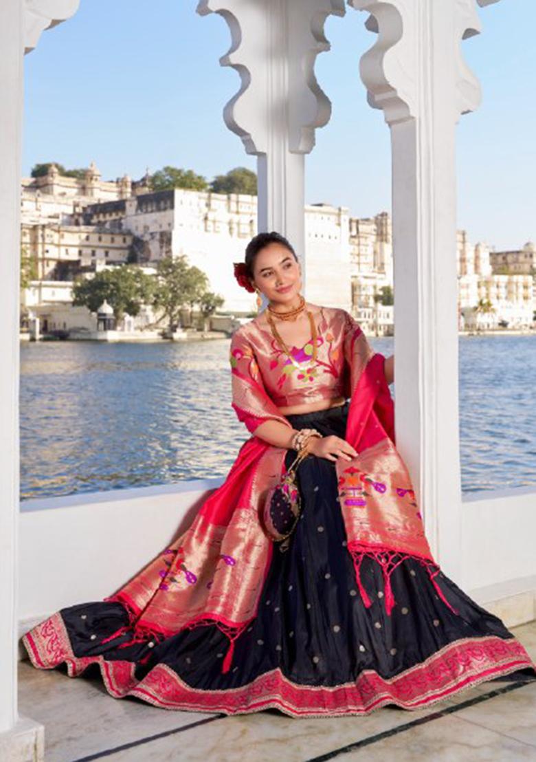 Black Zari Work Silk Blend Lehenga Set - Indya