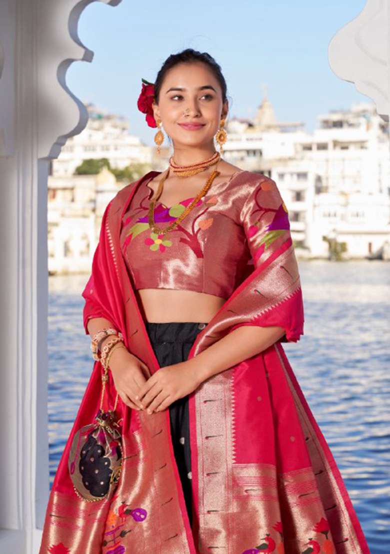 Black Zari Work Silk Blend Lehenga Set for Diwali and Festive Wear - Indya