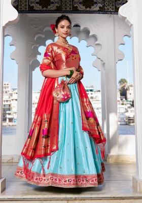Blue Zari Work Silk Blend Lehenga Set