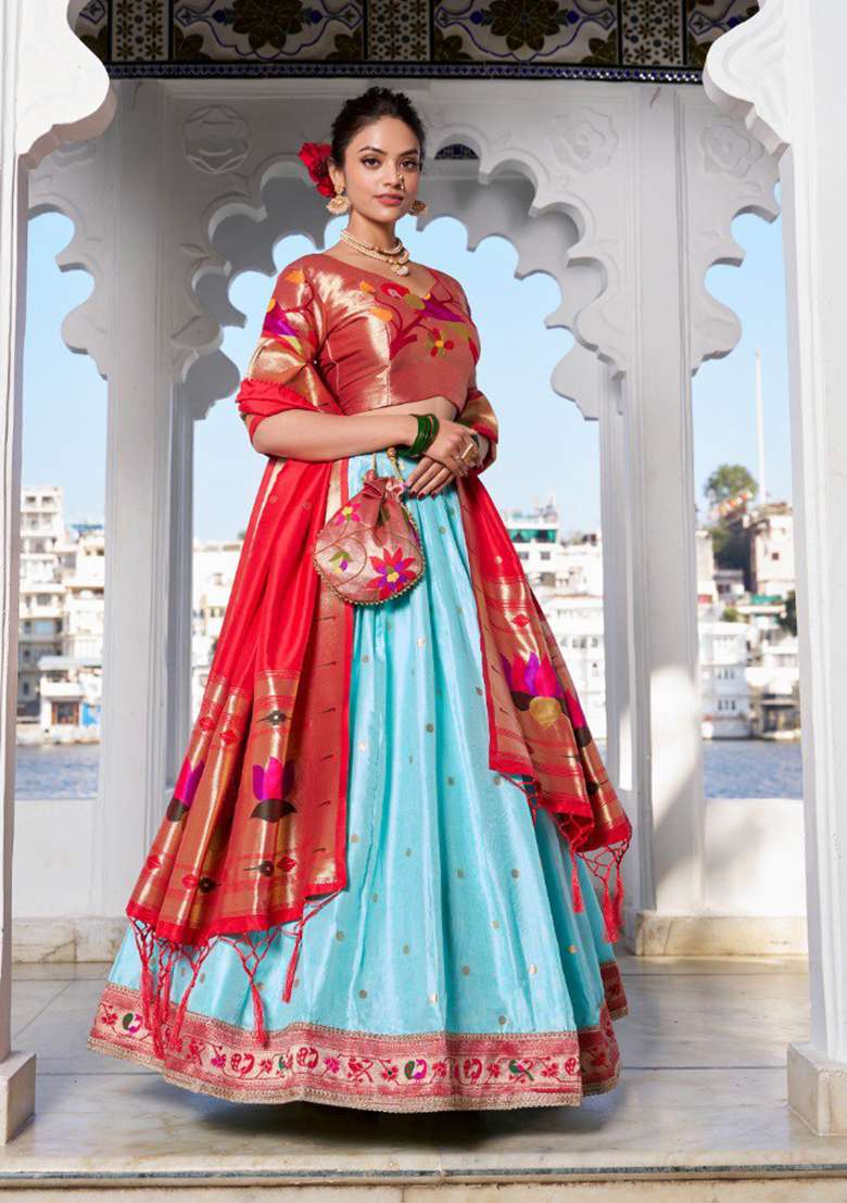 Blue Zari Work Silk Blend Lehenga Set for Diwali and Festive Wear - Indya