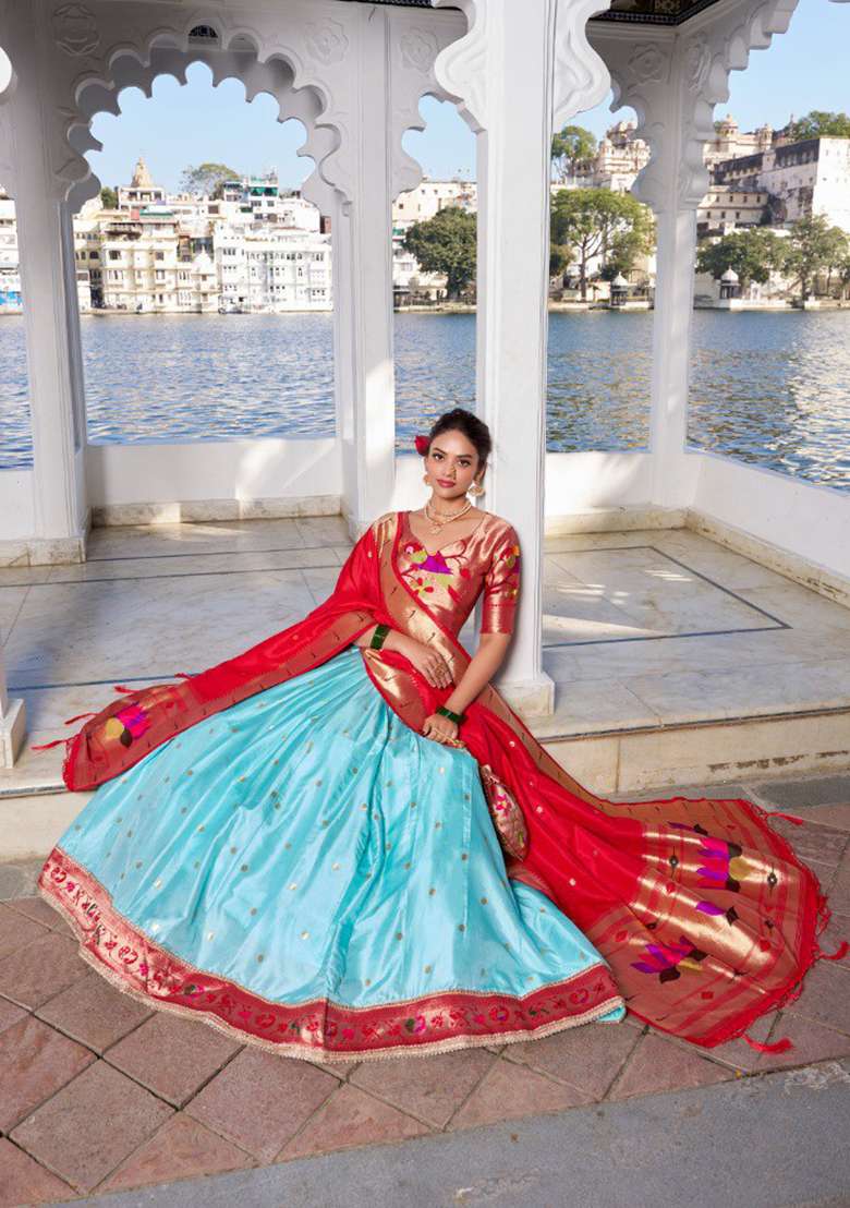 Blue Zari Work Silk Blend Lehenga Set for Diwali and Festive Wear - Indya
