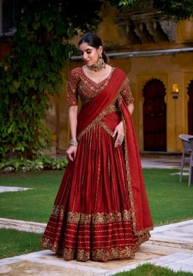 Orange Sequin Blended Lehenga Set