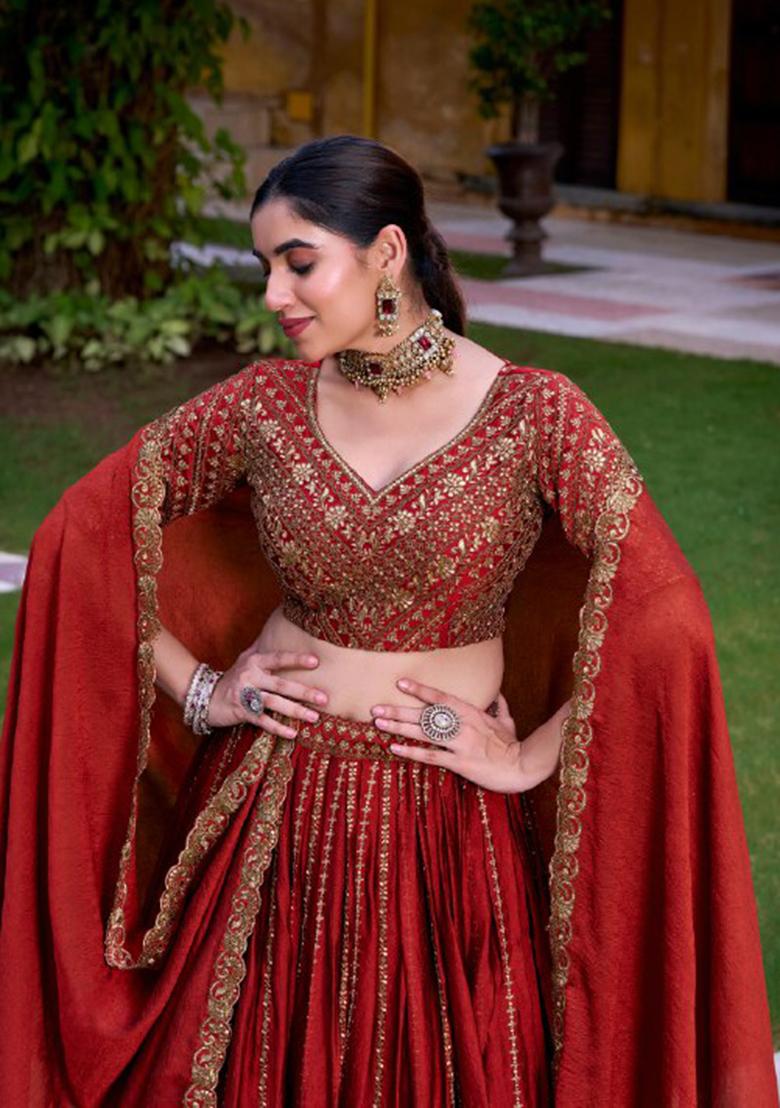 Orange Sequin Blended Lehenga Set - Indya
