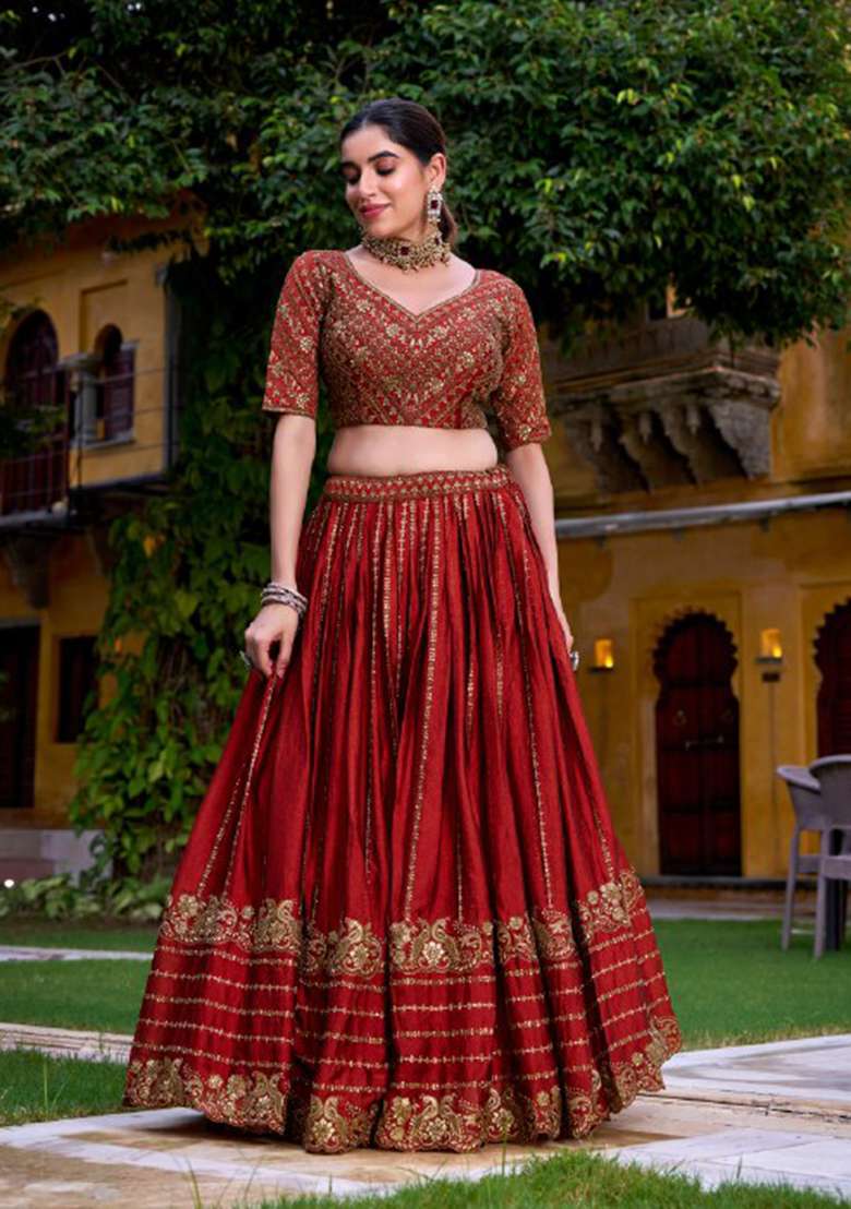 Orange Sequin Blended Lehenga Set - Indya