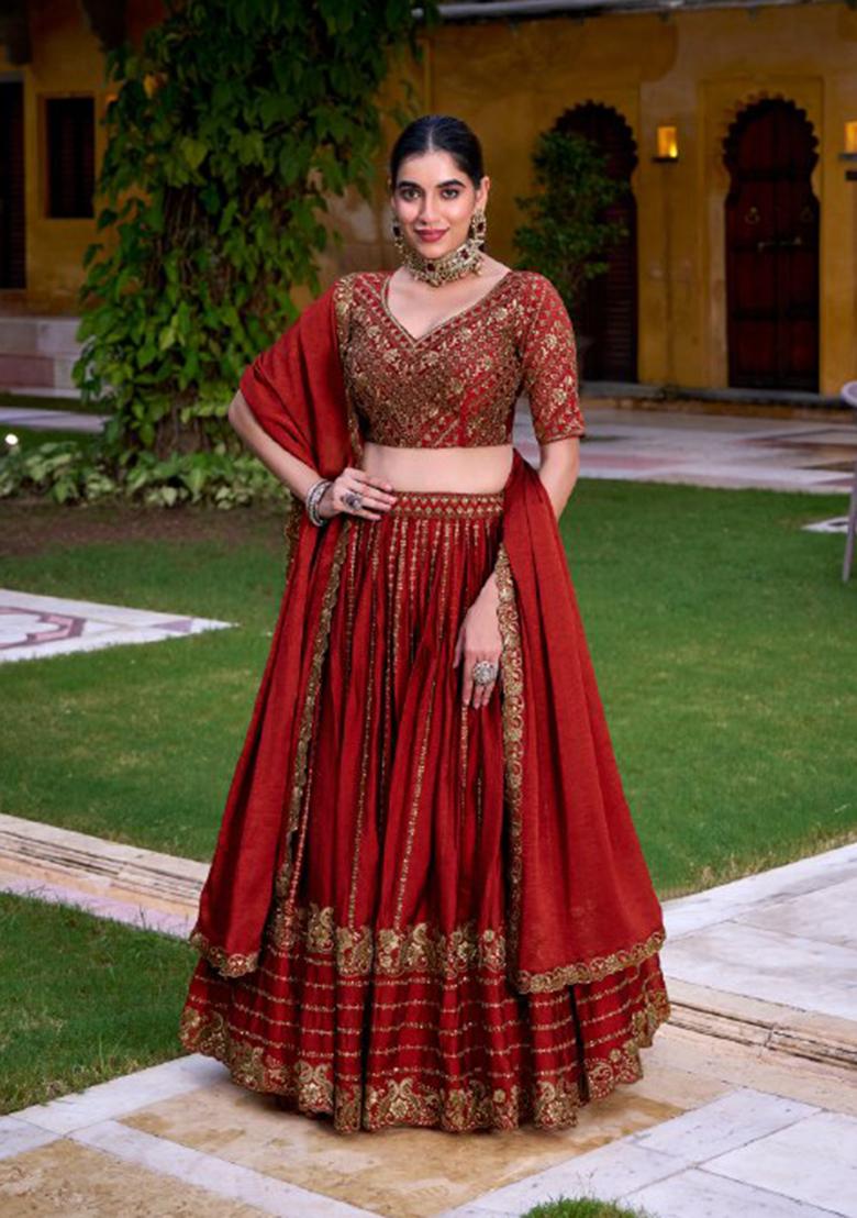 Orange Sequin Blended Lehenga Set - Indya