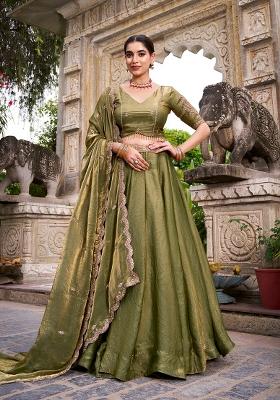 Mehendi Green Sequin Silk Blend Lehenga Set