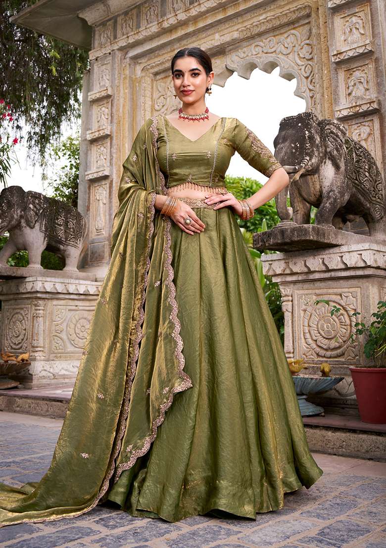 Mehendi Green Sequin Silk Blend Lehenga Set - Indya