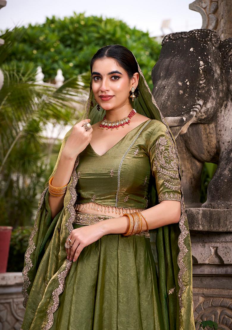 Mehendi Green Sequin Silk Blend Lehenga Set - Indya