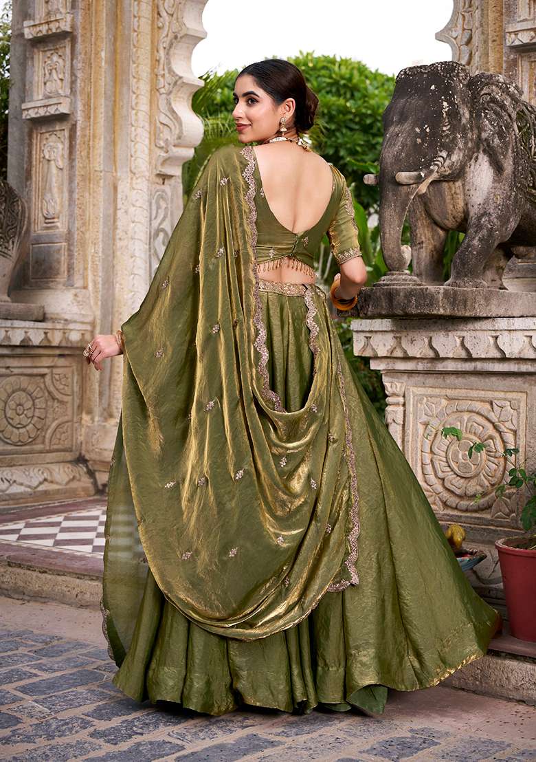 Mehendi Green Sequin Silk Blend Lehenga Set - Indya