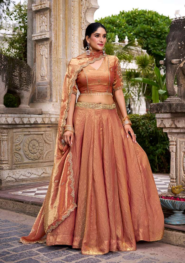 Orange Sequin Silk Blend Lehenga Set - Indya