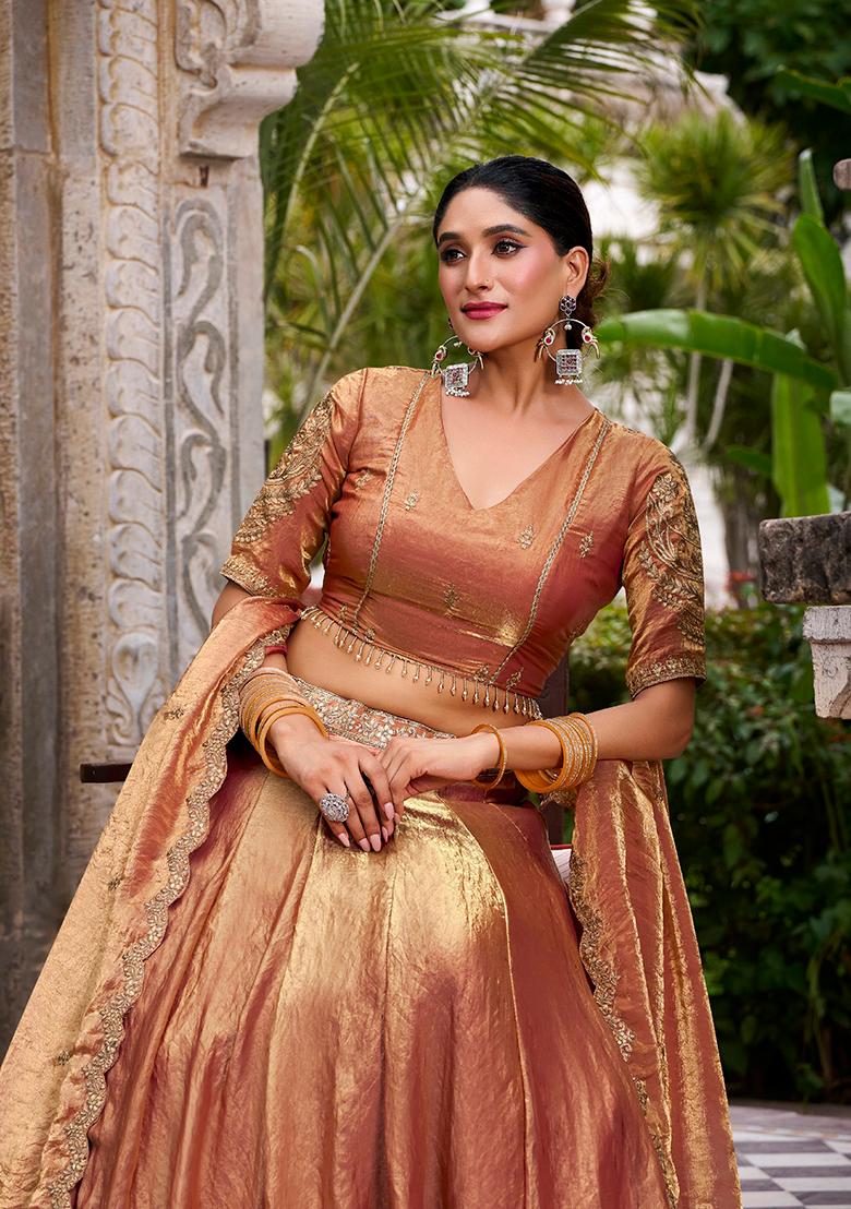 Orange Sequin Silk Blend Lehenga Set - Indya
