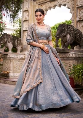 Blue Sequin Silk Blend Lehenga Set