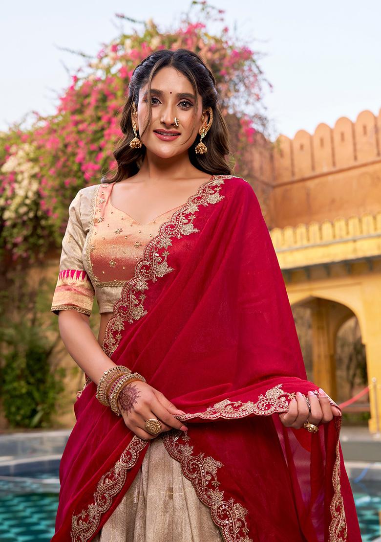 Off White Zari Work Blended Lehenga Set - Indya