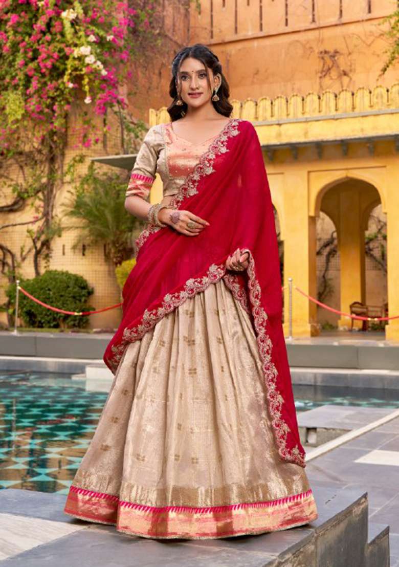 Off White Zari Work Blended Lehenga Set for Diwali and Festive Wear - Indya