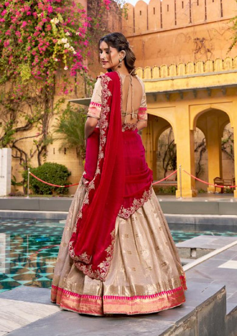Off White Zari Work Blended Lehenga Set - Indya