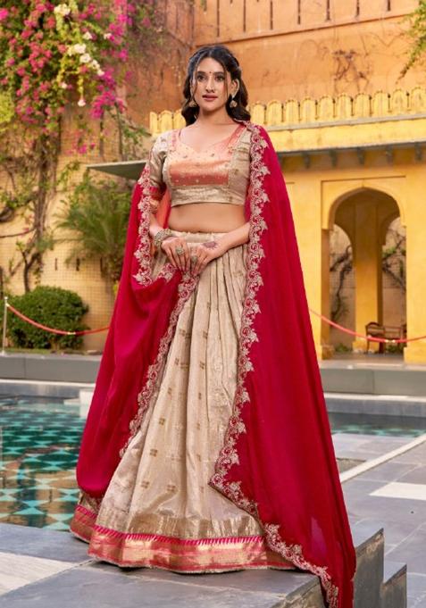 Off White Zari Work Blended Lehenga Set