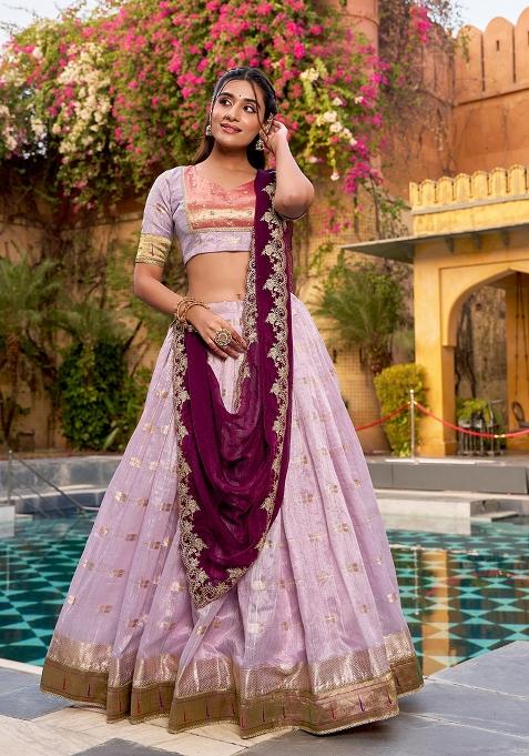 Pink Zari Work Blended Lehenga Set