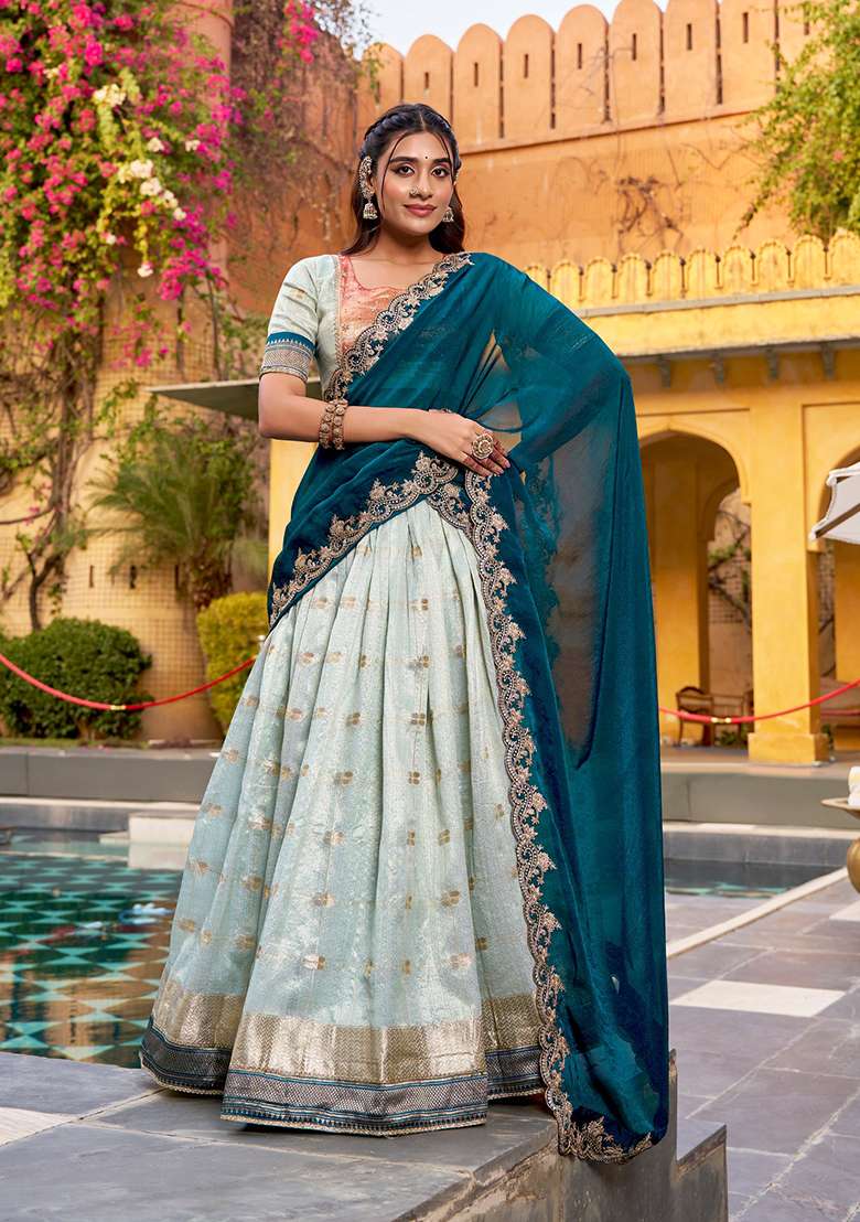 Blue Zari Work Blended Lehenga Set for Diwali and Festive Wear - Indya