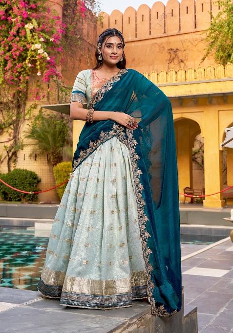 Blue Zari Work Blended Lehenga Set