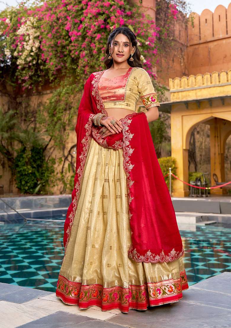 Yellow Zari Work Blended Lehenga Set for Diwali and Festive Wear - Indya