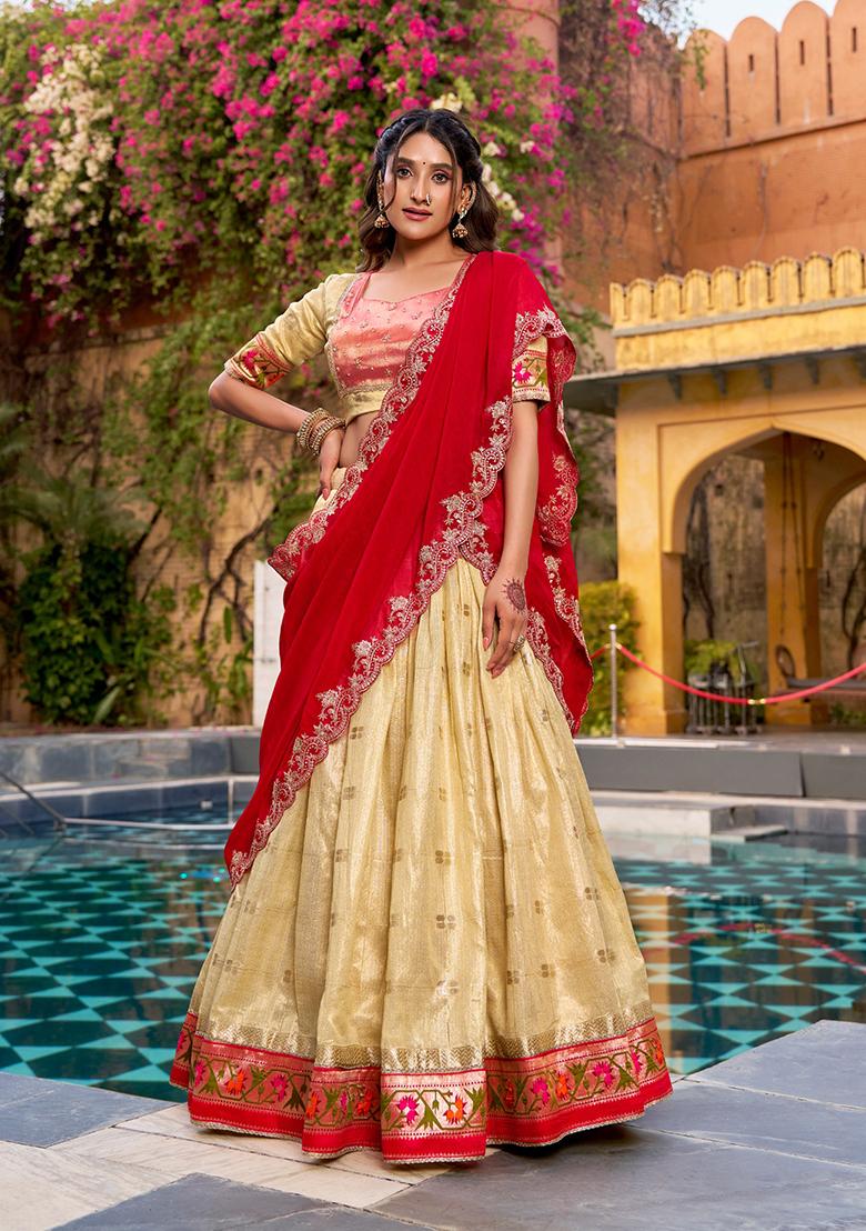 Yellow Zari Work Blended Lehenga Set - Indya