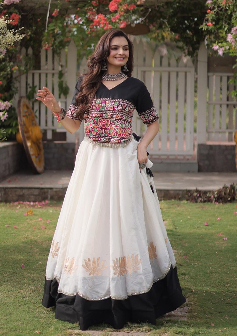White Embroidered Silk Blend Lehenga Set - Indya