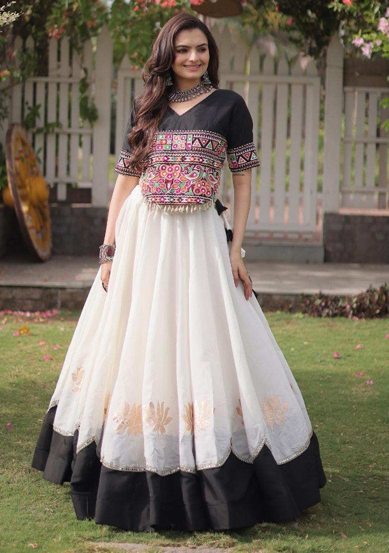 White Embroidered Silk Blend Lehenga Set - Indya