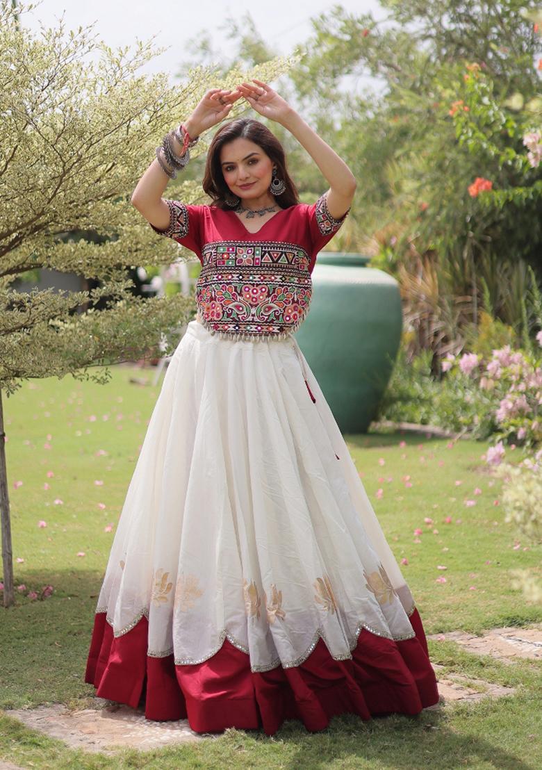 White Embroidered Silk Blend Lehenga Set - Indya