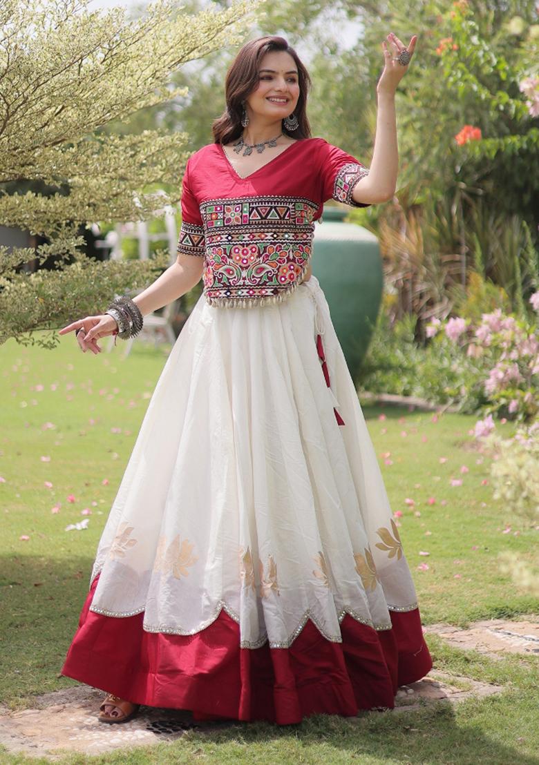 White Embroidered Silk Blend Lehenga Set - Indya
