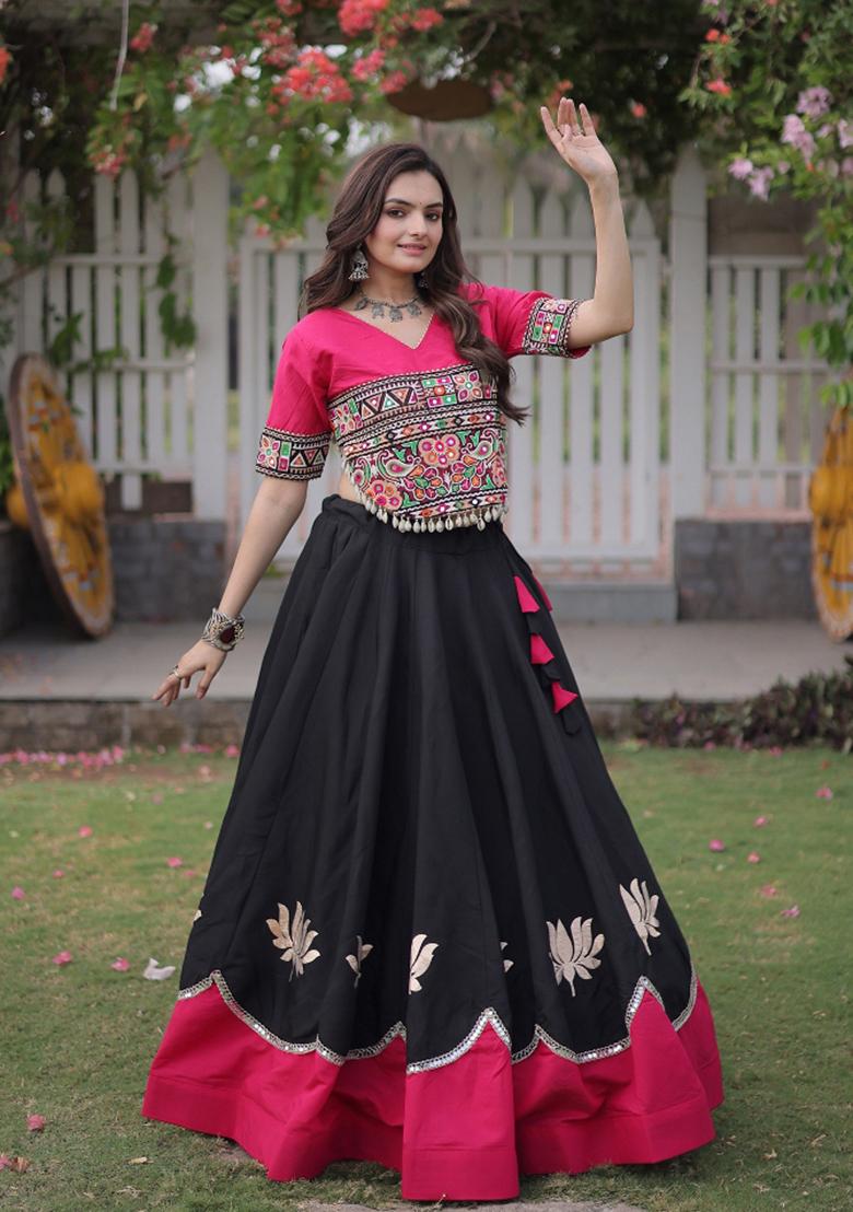 Black Embroidered Silk Blend Lehenga Set - Indya