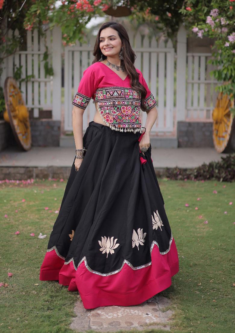 Black Embroidered Silk Blend Lehenga Set - Indya