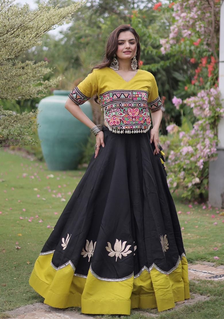 Black Embroidered Silk Blend Lehenga Set - Indya