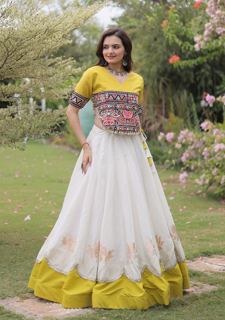 White Embroidered Silk Blend Lehenga Set - Indya