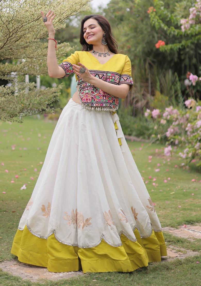 White Embroidered Silk Blend Lehenga Set - Indya