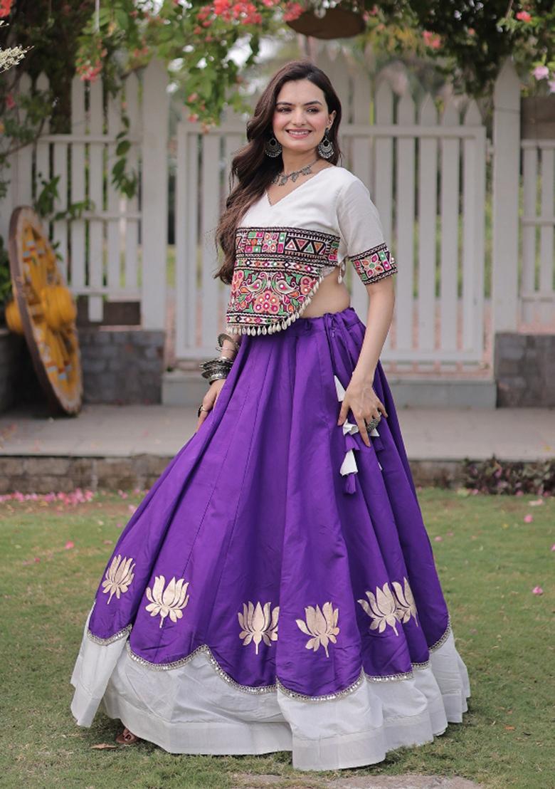 Purple Embroidered Silk Blend Lehenga Set - Indya