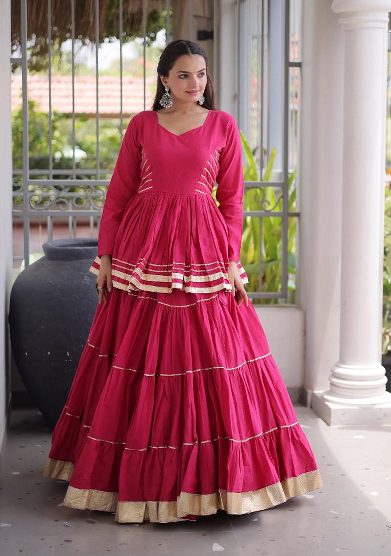 Pink Gota Patti Work Cotton Lehenga Set - Indya