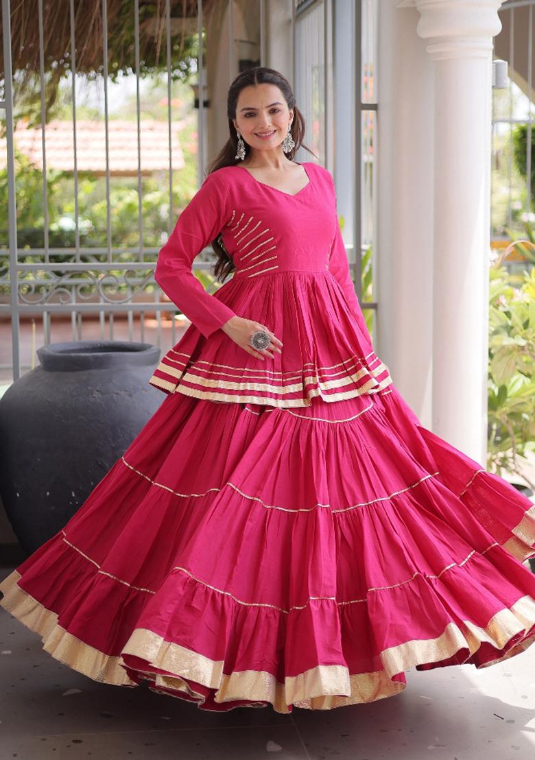 Pink Gota Patti Work Cotton Lehenga Set - Indya