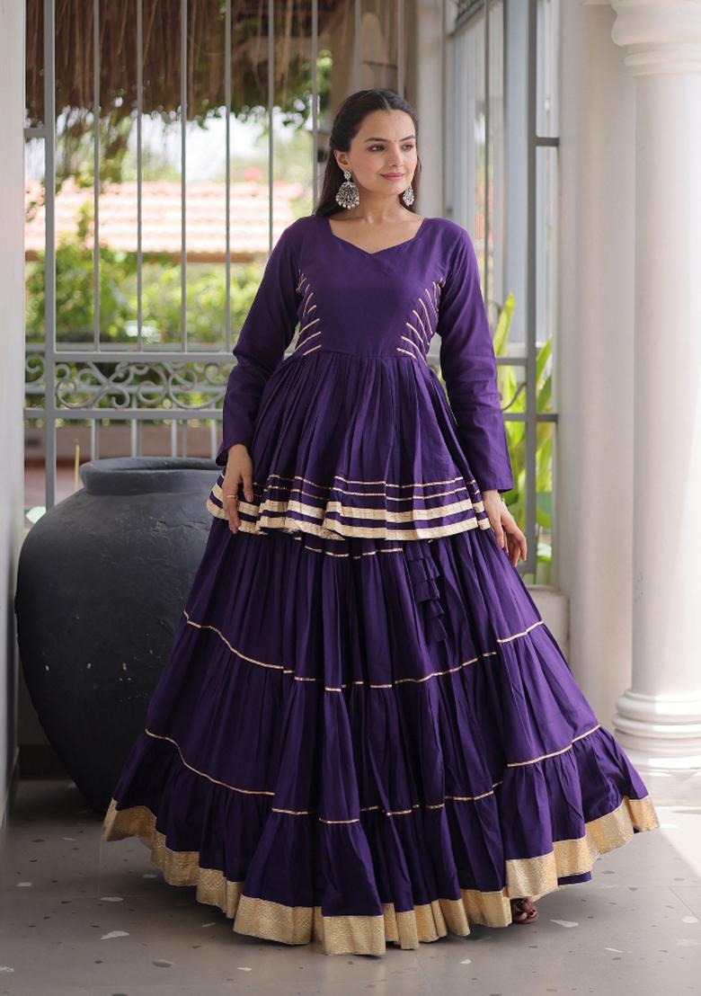 Purple Gota Patti Work Cotton Lehenga Set - Indya