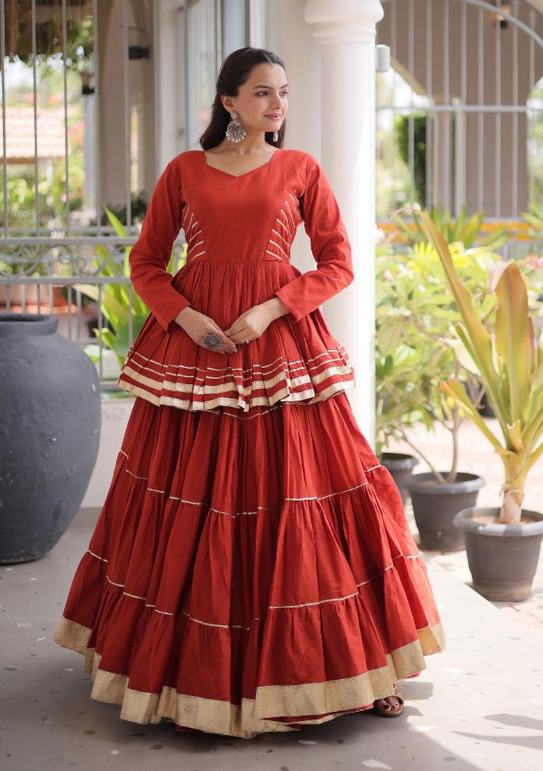 Rust Gota Patti Work Cotton Lehenga Set - Indya