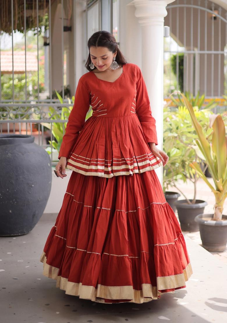 Rust Gota Patti Work Cotton Lehenga Set - Indya