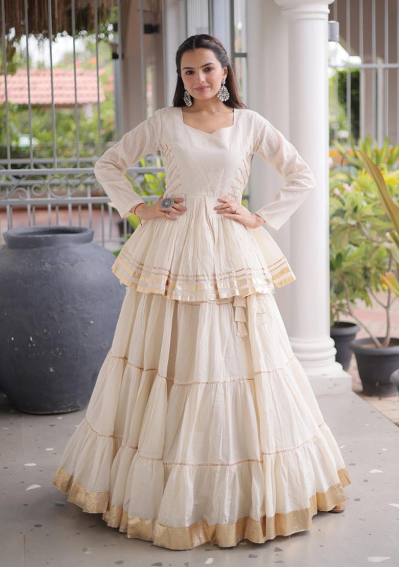Off White Gota Patti Work Cotton Lehenga Set - Indya
