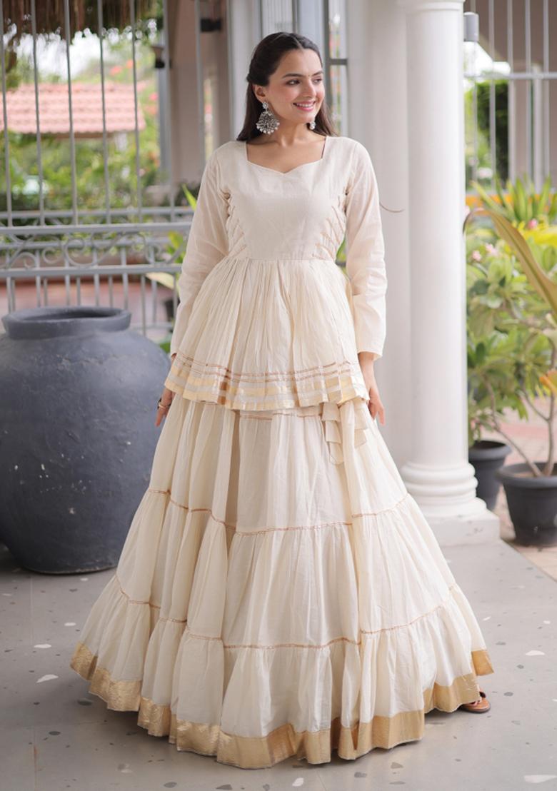 Off White Gota Patti Work Cotton Lehenga Set - Indya